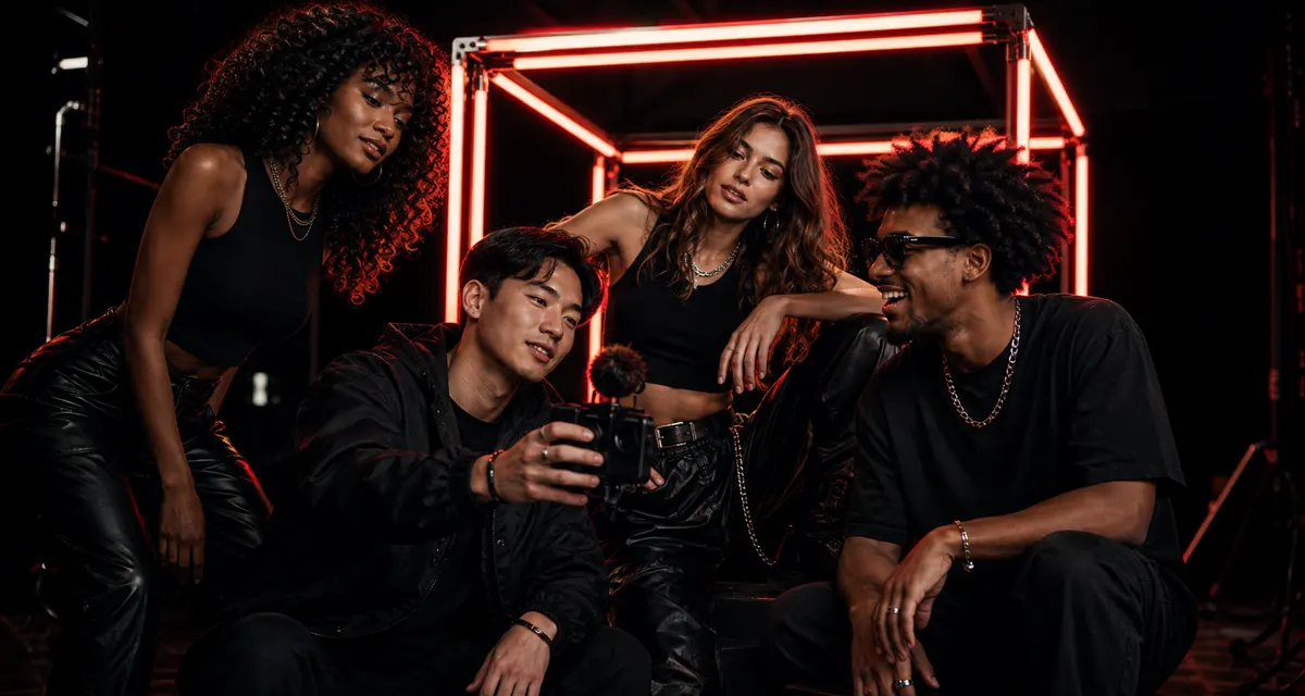 International creator team producing cross-cultural content in a modern studio